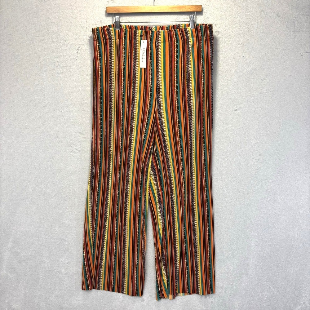 NWT RD + Koko Striped Wide Leg Crinkle Pants Size 3X Boho Stretch Pull On Summer
